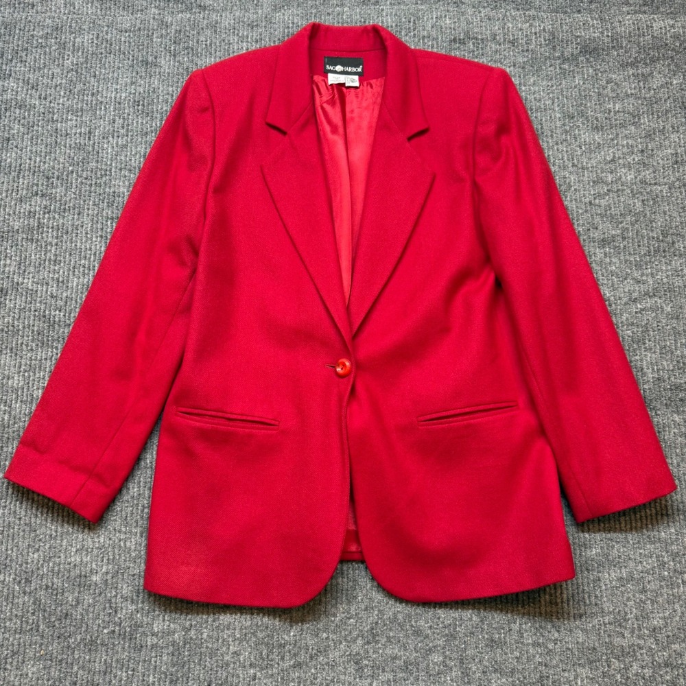 Vintage Sag Harbor Wool Blazer Womens 12 Red Padded Shoulder 90s Jacket